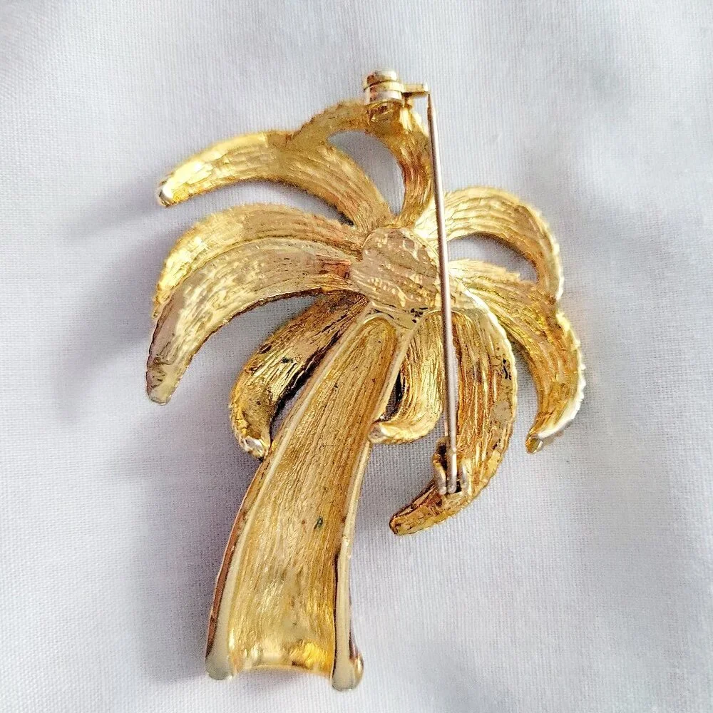 Vintage 1980s Palm Tree Brooch Enamel Gold Tone Tropical Statement Pin - Picture 3 of 5